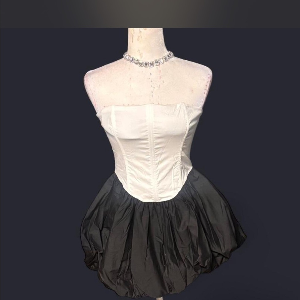 Fashion Nova White Strapless Bustier with Black Bubble Skirt